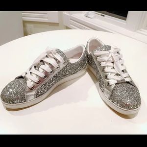Women’s Silver Jimmy Choo Liquid Metal Glitter Leather Sneakers With Bag Size 7